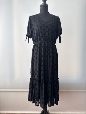 Ember Black Flocked Polka Dot Midi Dress L Sheer Mesh Ruffle Romantic Goth